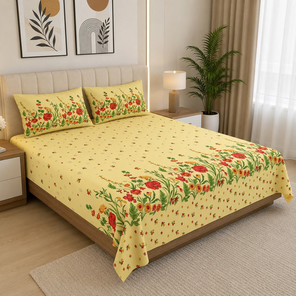 Pale Yellow Poppies in Bloom Pure Cotton King Size Bedsheet