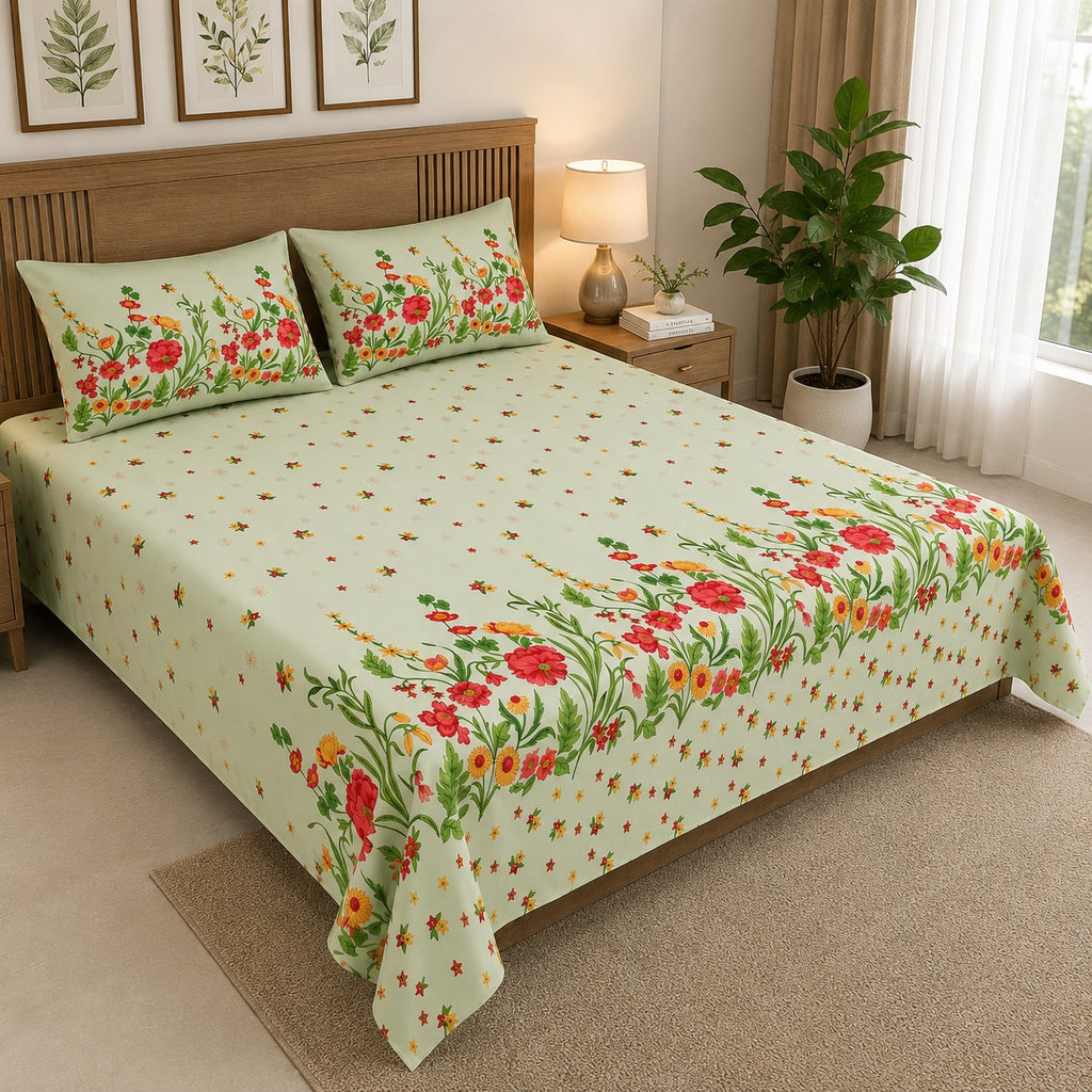 Mint Green Poppies in Bloom Pure Cotton King Size Bedsheet