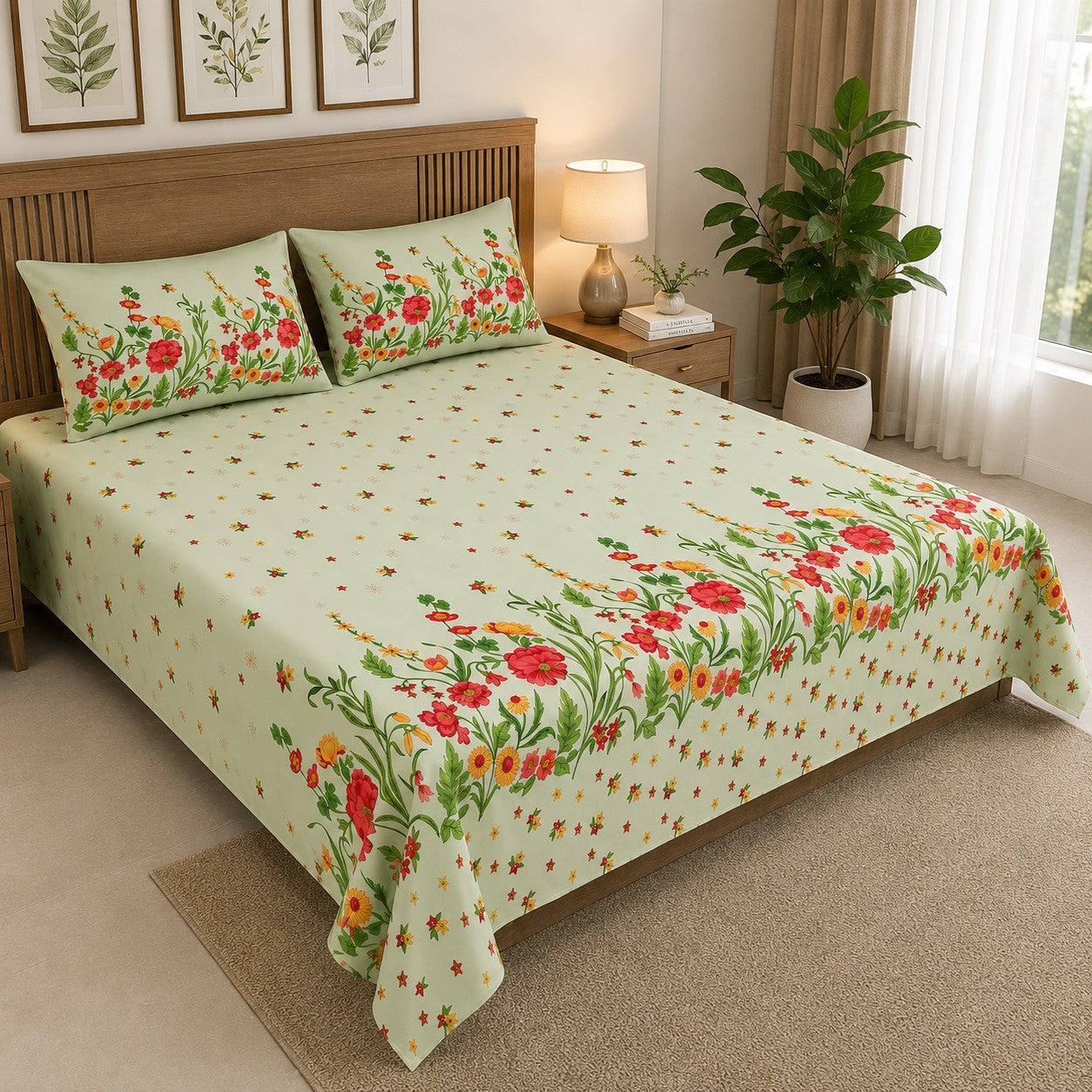 Mint Green Poppies in Bloom Pure Cotton King Size Bedsheet