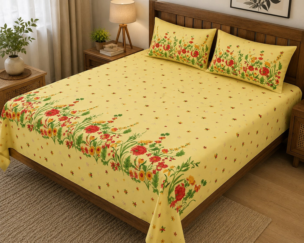 Pale Yellow Poppies in Bloom Pure Cotton King Size Bedsheet