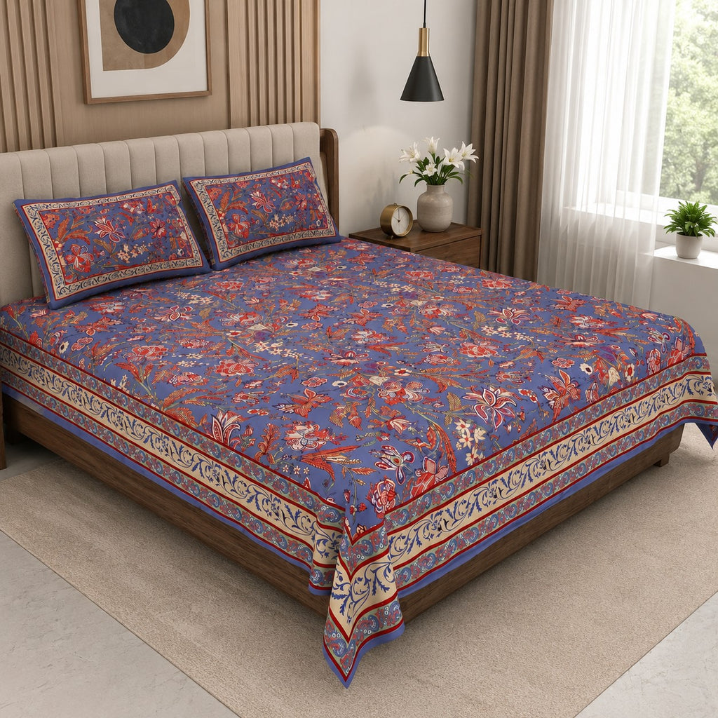 Lavender Blue Royal Paisley Vine Pure Cotton King Size Bedsheet
