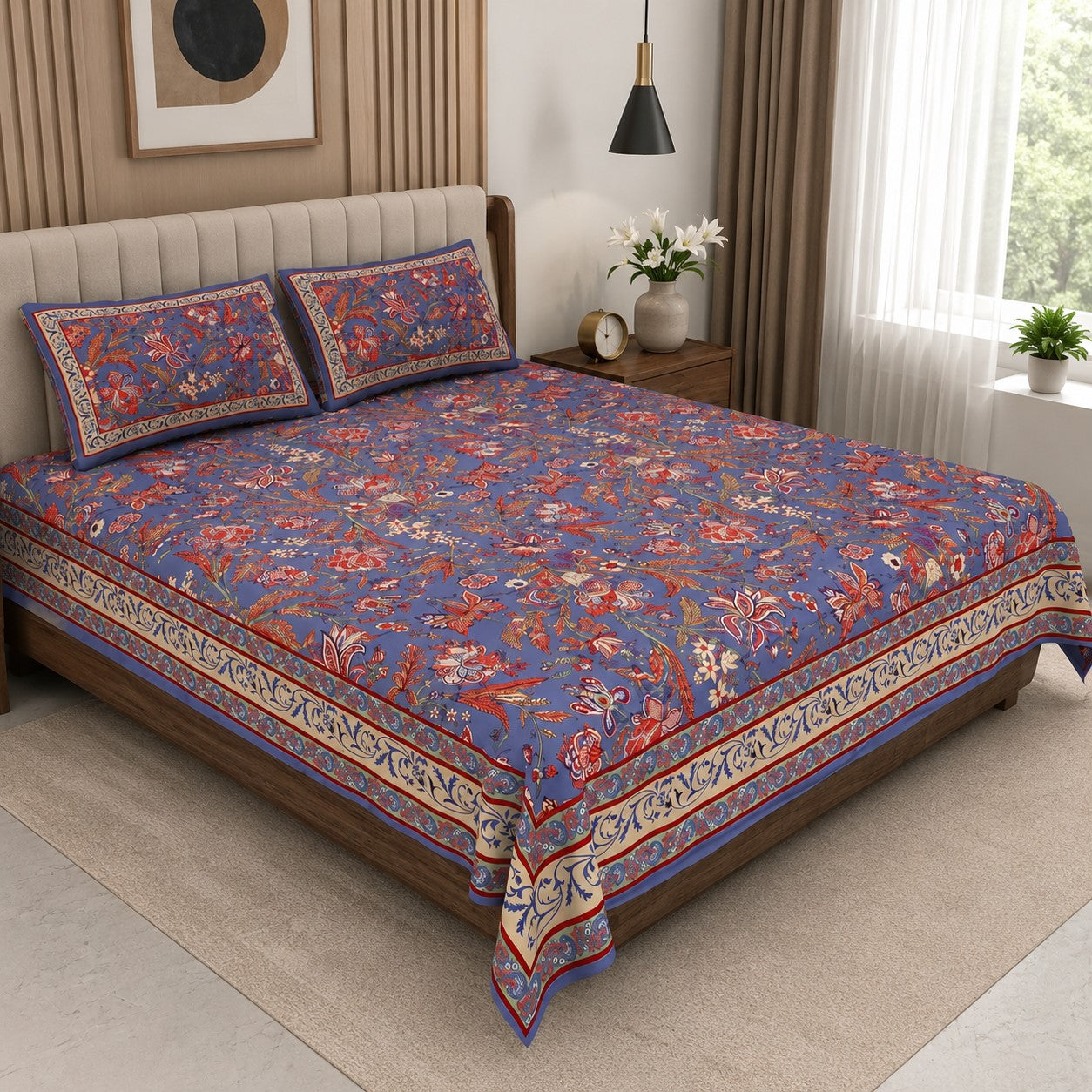 Lavender Blue Royal Paisley Vine Pure Cotton King Size Bedsheet