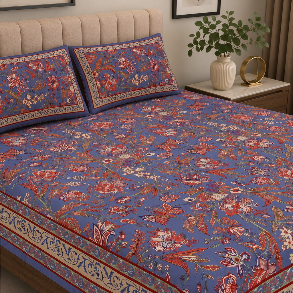 Lavender Blue Royal Paisley Vine Pure Cotton King Size Bedsheet