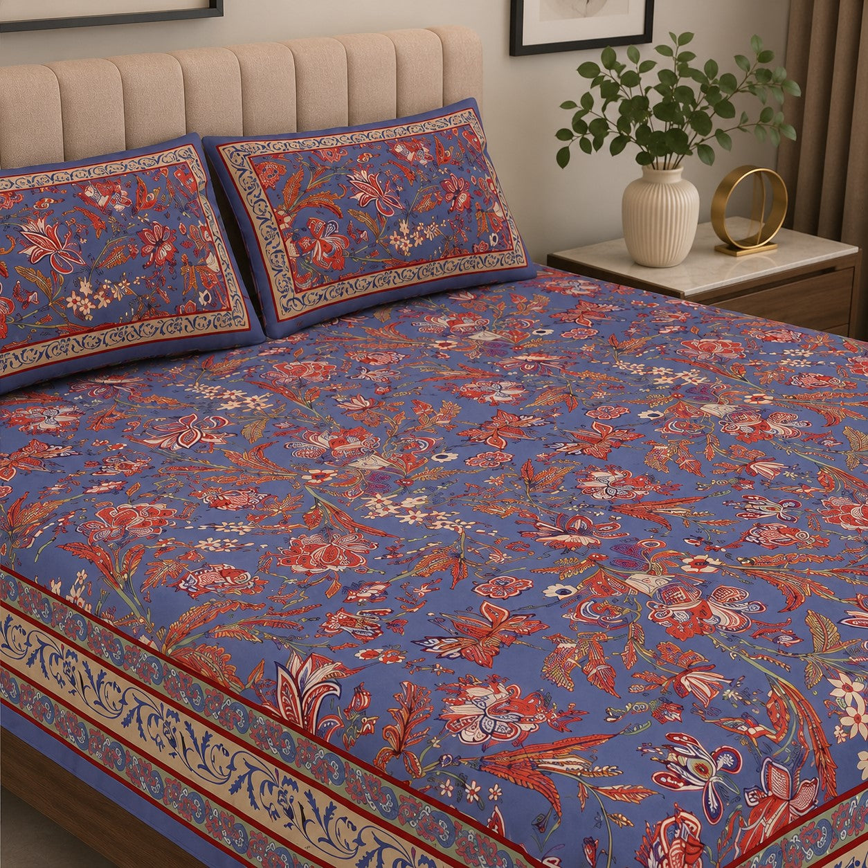 Lavender Blue Royal Paisley Vine Pure Cotton King Size Bedsheet