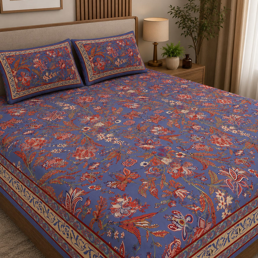 Lavender Blue Royal Paisley Vine Pure Cotton King Size Bedsheet