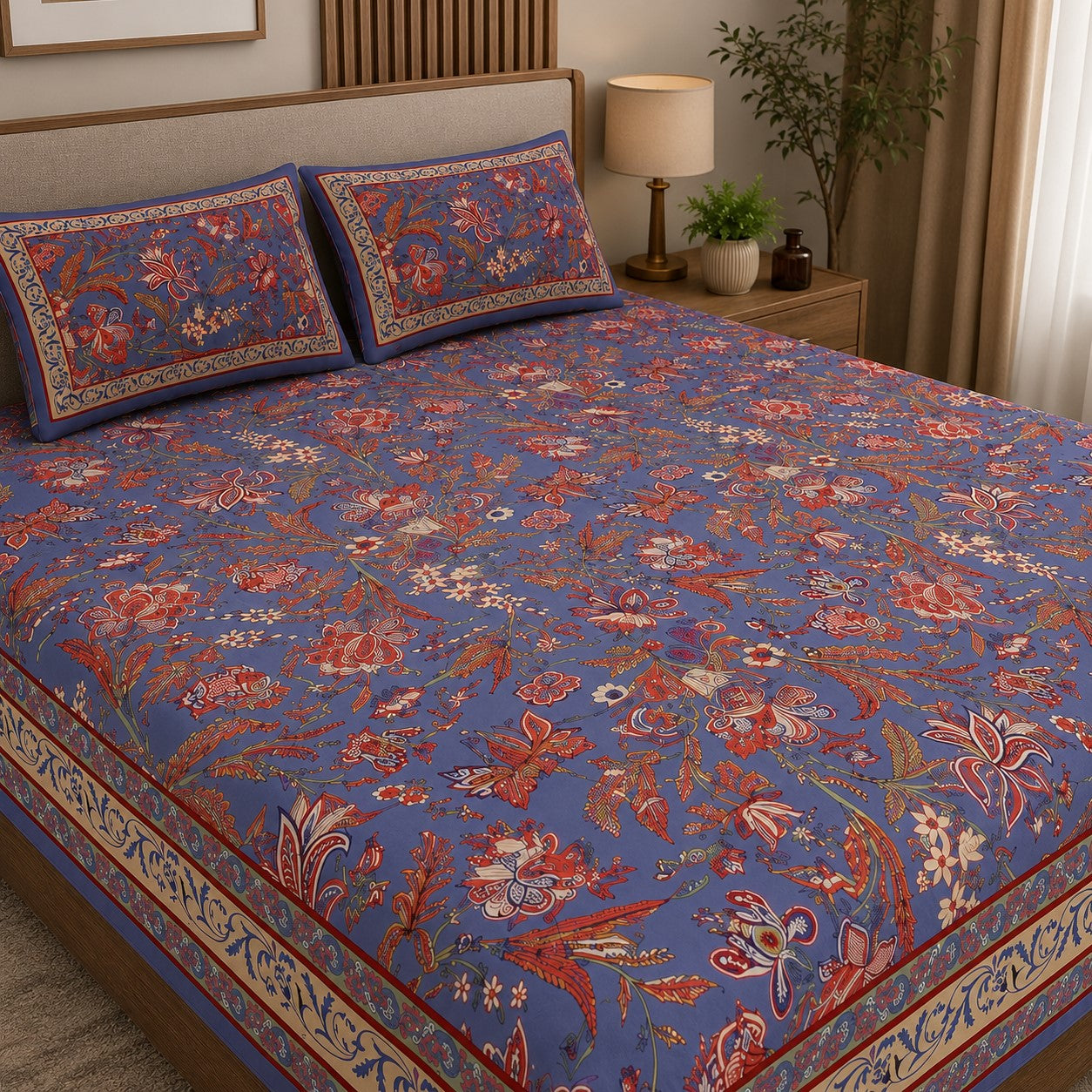 Lavender Blue Royal Paisley Vine Pure Cotton King Size Bedsheet