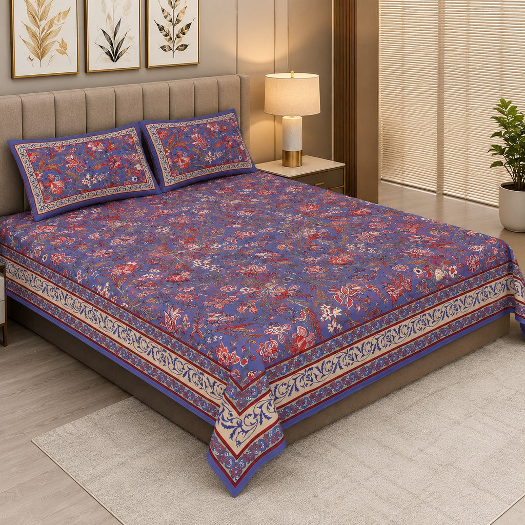 Lavender Blue Royal Paisley Vine Pure Cotton King Size Bedsheet