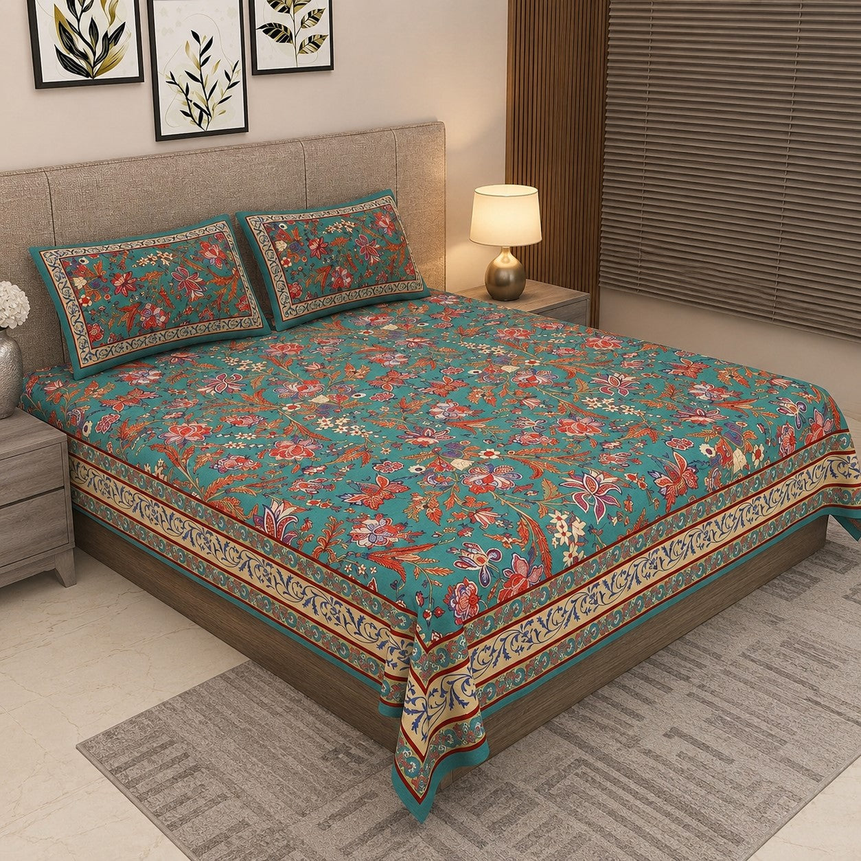 Turquoise Blue Royal Paisley Vine Pure Cotton King Size Bedsheet | 240 TC | MVB Yugvigyana