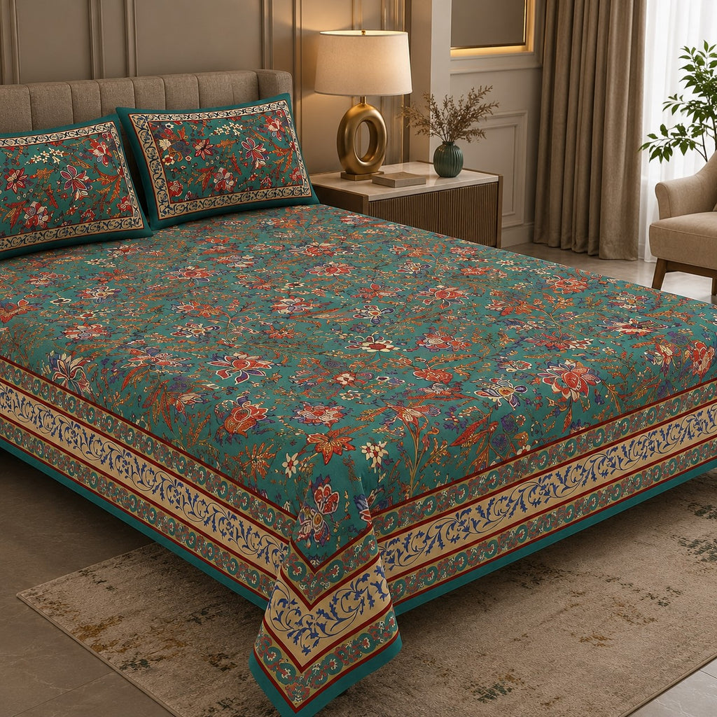 Turquoise Blue Royal Paisley Vine Pure Cotton King Size Bedsheet | 240 TC | MVB Yugvigyana