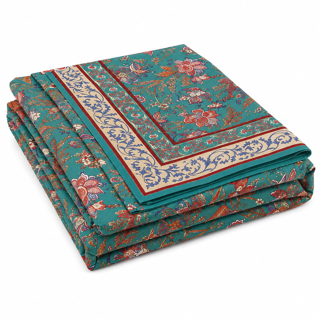 Turquoise Blue Royal Paisley Vine Pure Cotton King Size Bedsheet | 240 TC | MVB Yugvigyana