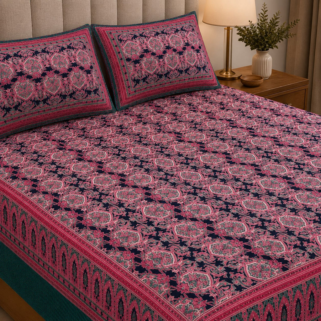 Navy Blue & Wine Traditional Medallion Print Pure Cotton King Size Bedsheet