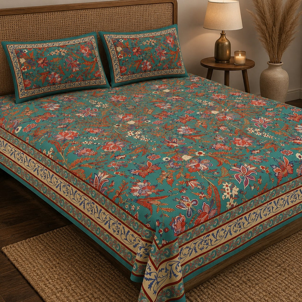 Turquoise Blue Royal Paisley Vine Pure Cotton King Size Bedsheet | 240 TC | MVB Yugvigyana