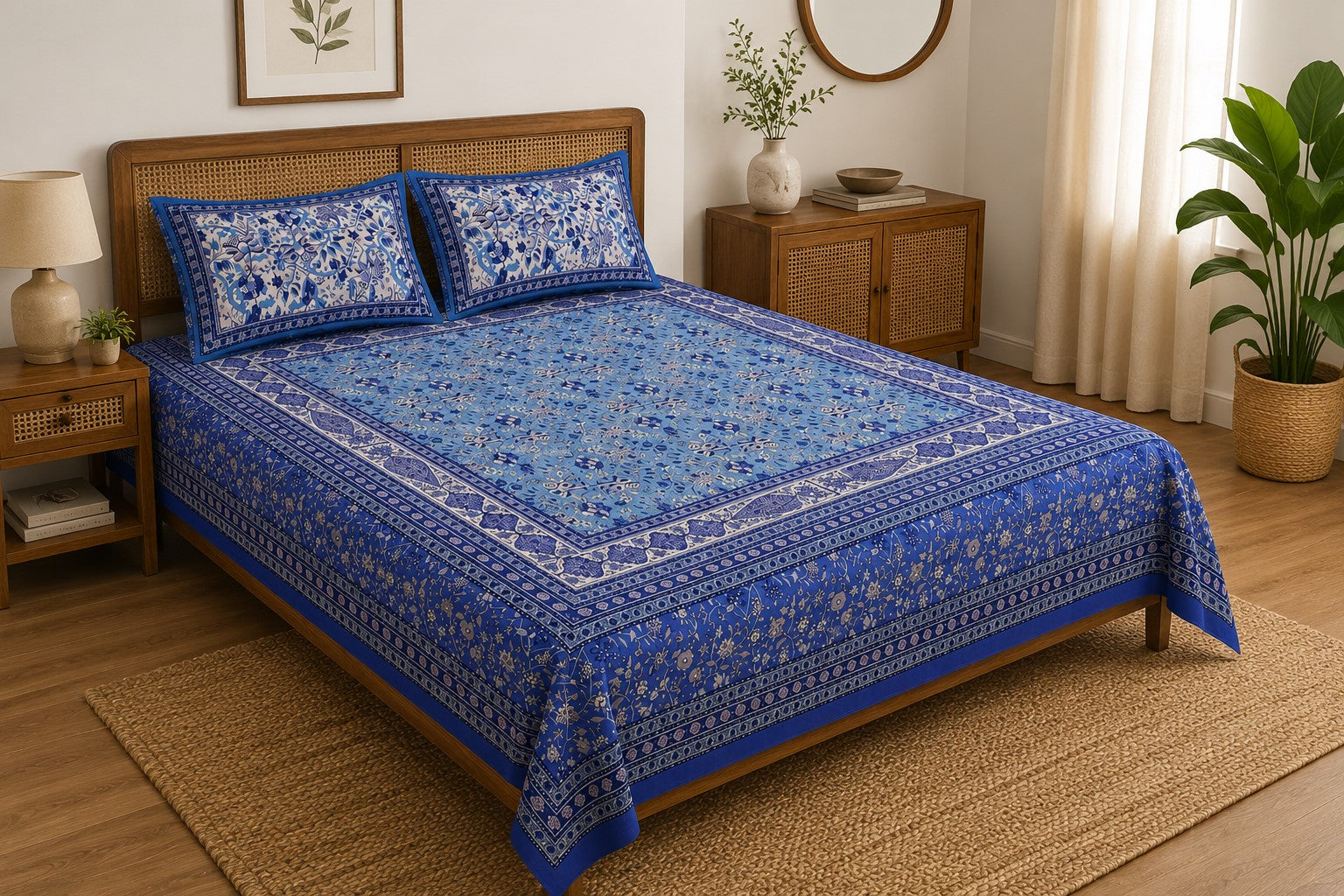 Indigo Blue Classic Royal Buti Pure Cotton King Size Bedsheet