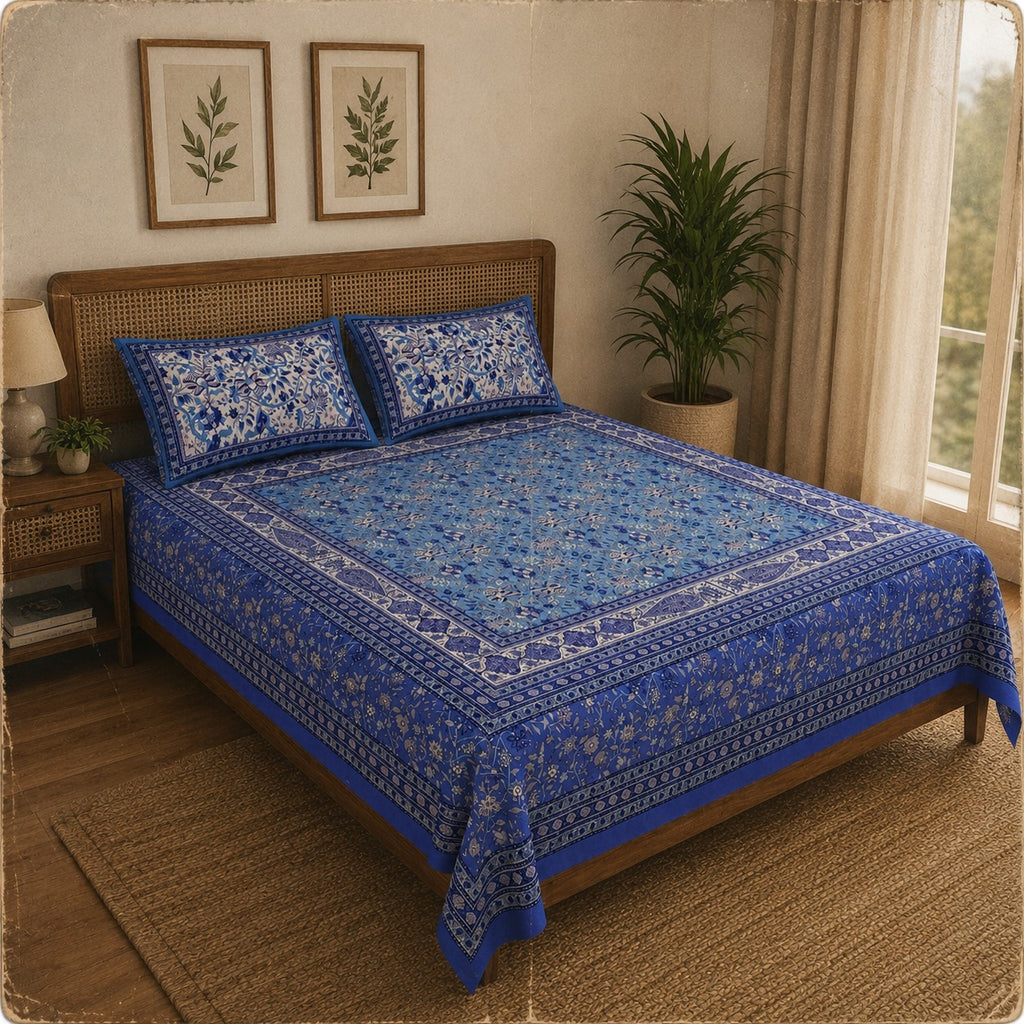 Indigo Blue Classic Royal Buti Pure Cotton King Size Bedsheet