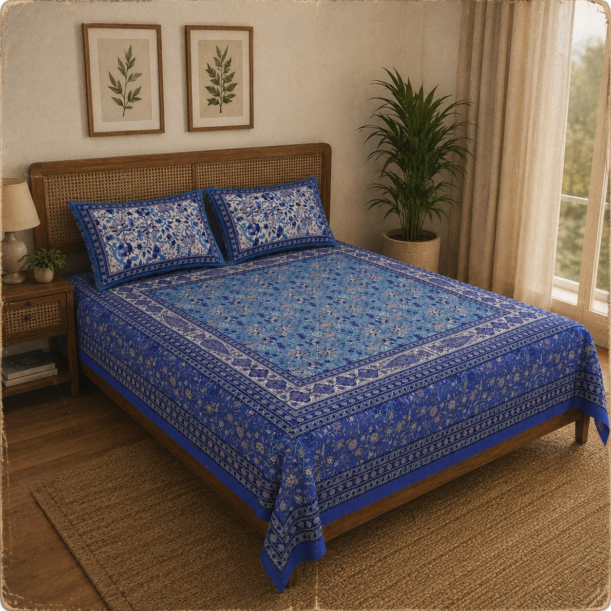 Indigo Blue Classic Royal Buti Pure Cotton King Size Bedsheet