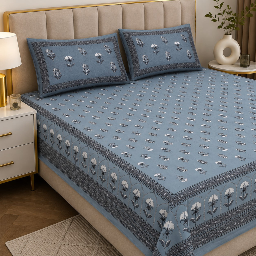 Dusty Blue Royal Rose Buti Pure Cotton King Size Bedsheet with 2 Pillow Covers
