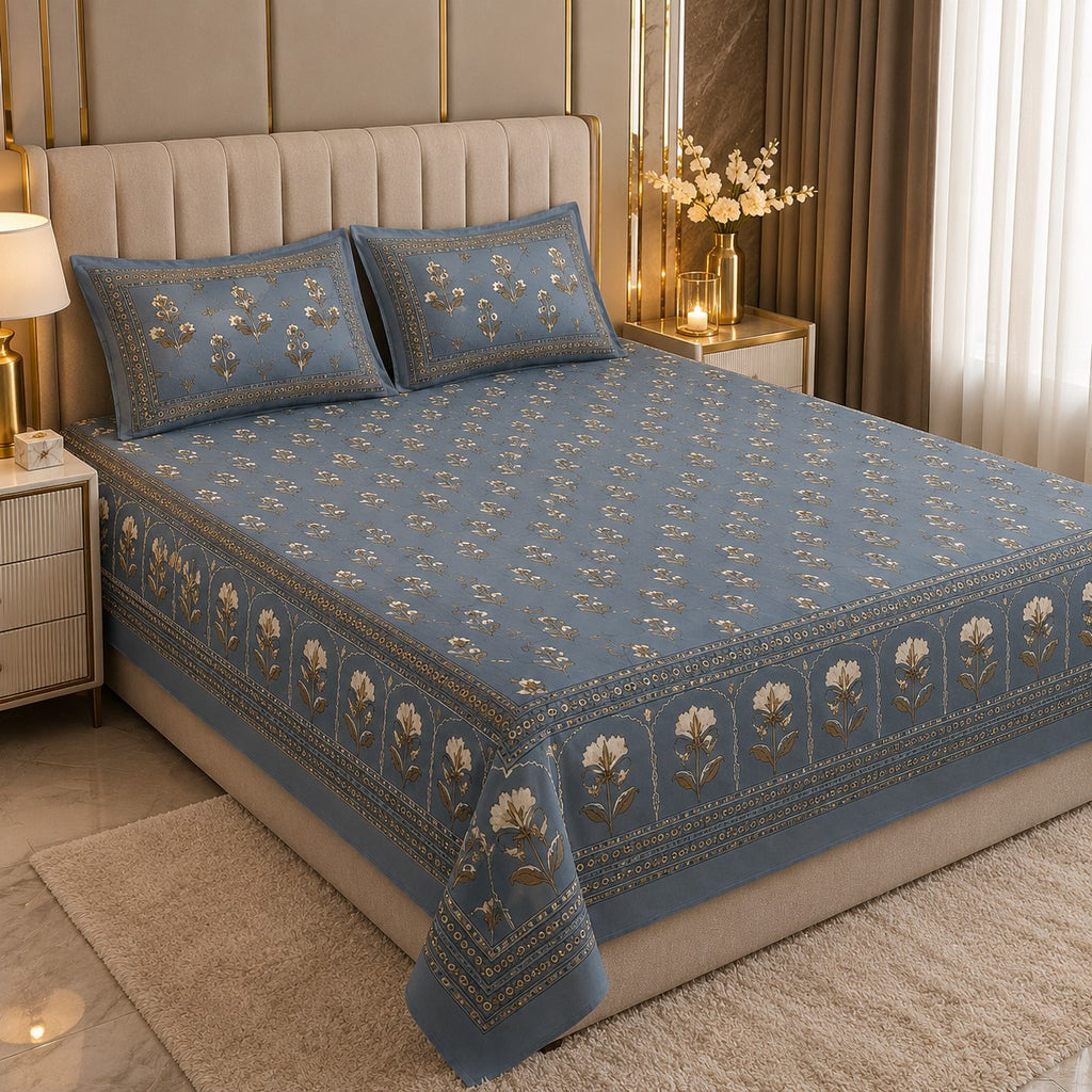 Dusty Blue Royal Rose Buti Pure Cotton King Size Bedsheet with 2 Pillow Covers