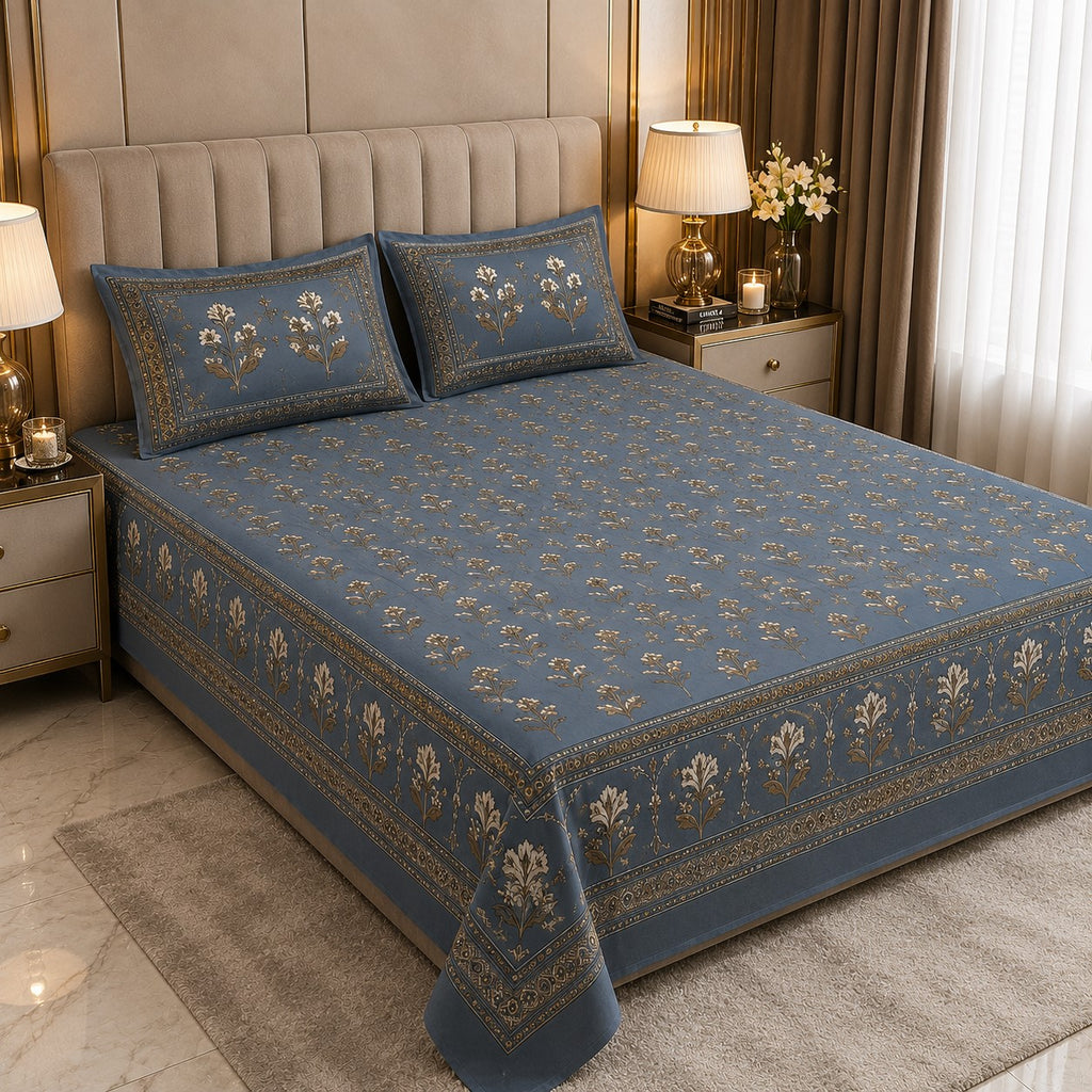 Dusty Blue Royal Rose Buti Pure Cotton King Size Bedsheet with 2 Pillow Covers