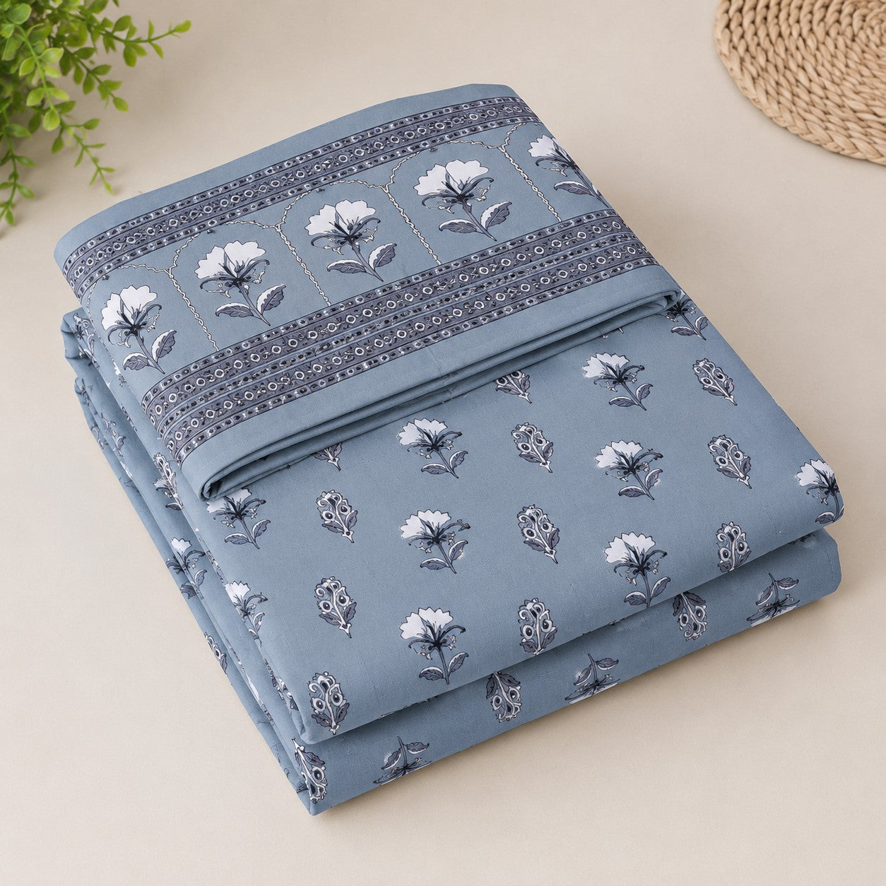 Dusty Blue Royal Rose Buti Pure Cotton King Size Bedsheet with 2 Pillow Covers