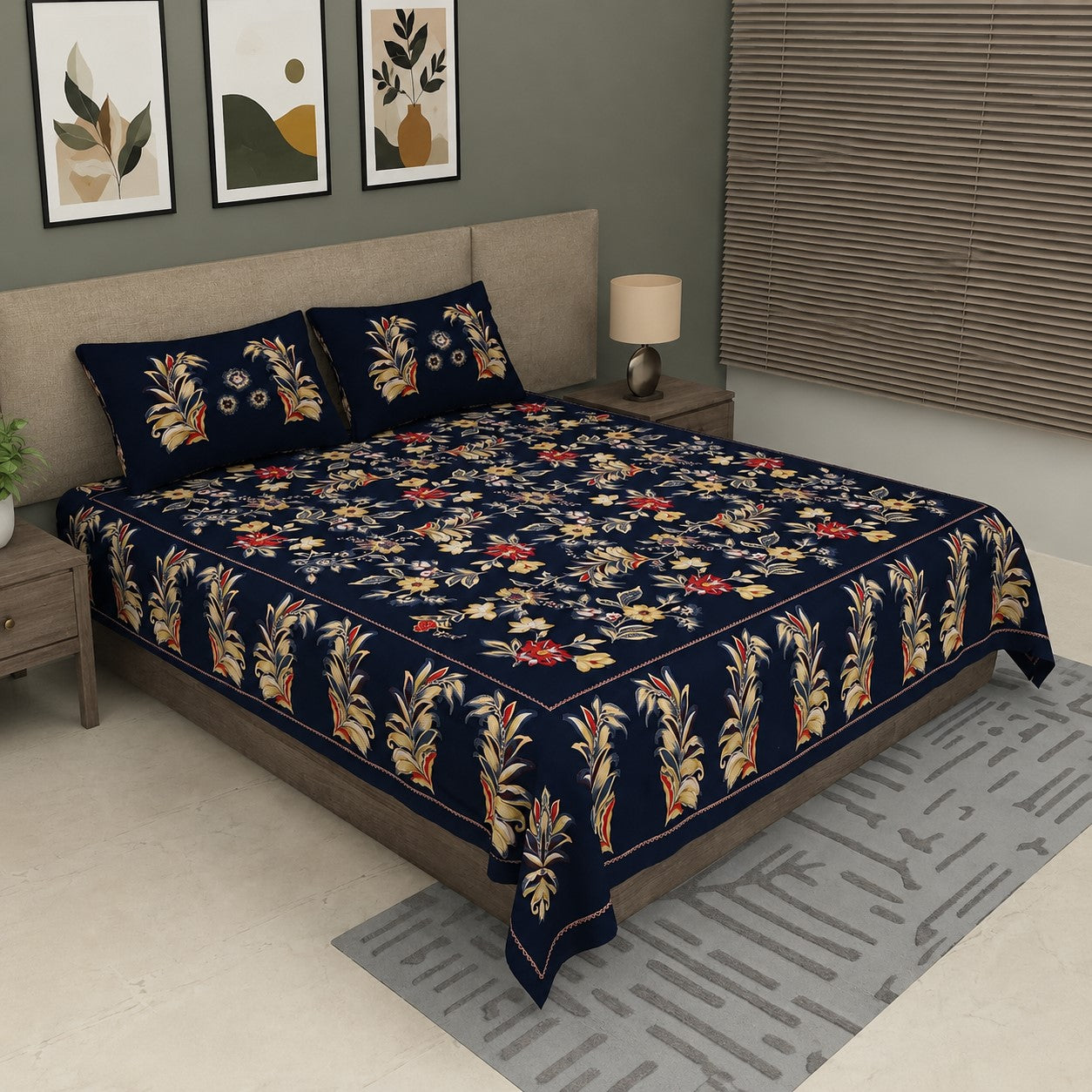 Midnight Blue Majestic Fern Leaf Pure Cotton King Size Bedsheet with 2 Pillow Covers