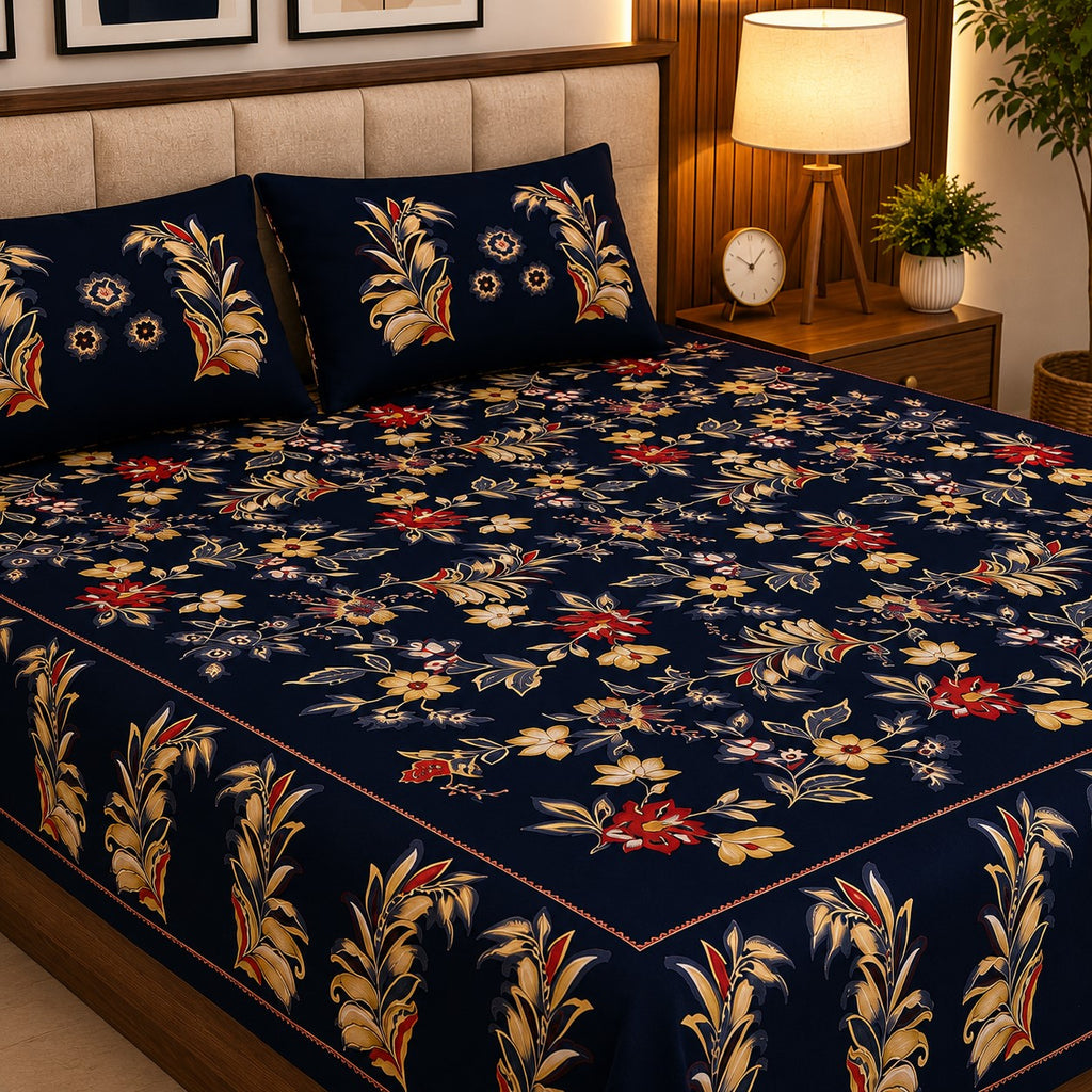 Midnight Blue Majestic Fern Leaf Pure Cotton King Size Bedsheet with 2 Pillow Covers