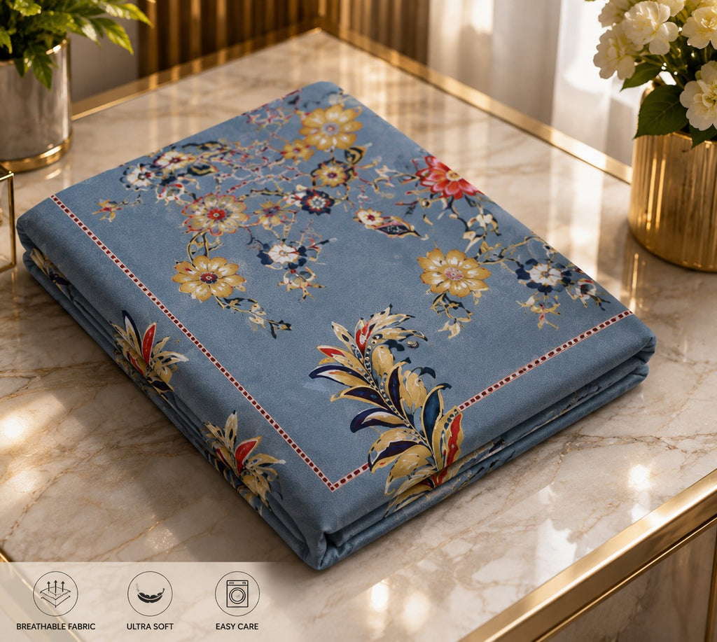 Steel Blue Majestic Fern Leaf Pure Cotton King Size Bedsheet with 2 Pillow Covers
