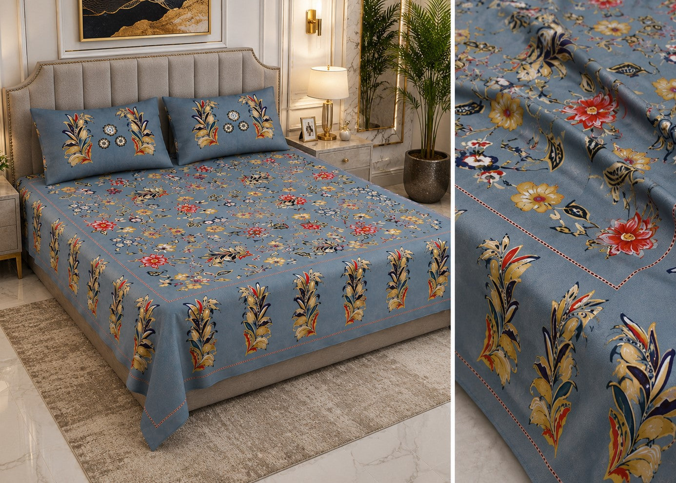 Steel Blue Majestic Fern Leaf Pure Cotton King Size Bedsheet with 2 Pillow Covers