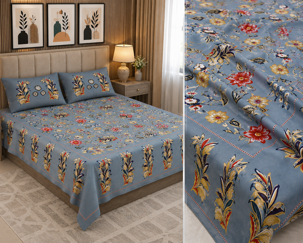 Steel Blue Majestic Fern Leaf Pure Cotton King Size Bedsheet with 2 Pillow Covers