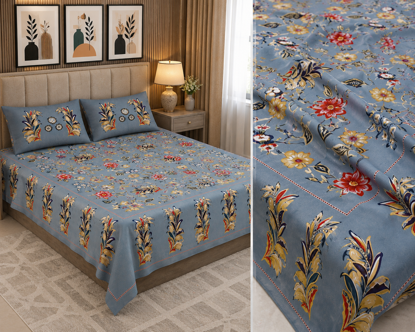Steel Blue Majestic Fern Leaf Pure Cotton King Size Bedsheet with 2 Pillow Covers