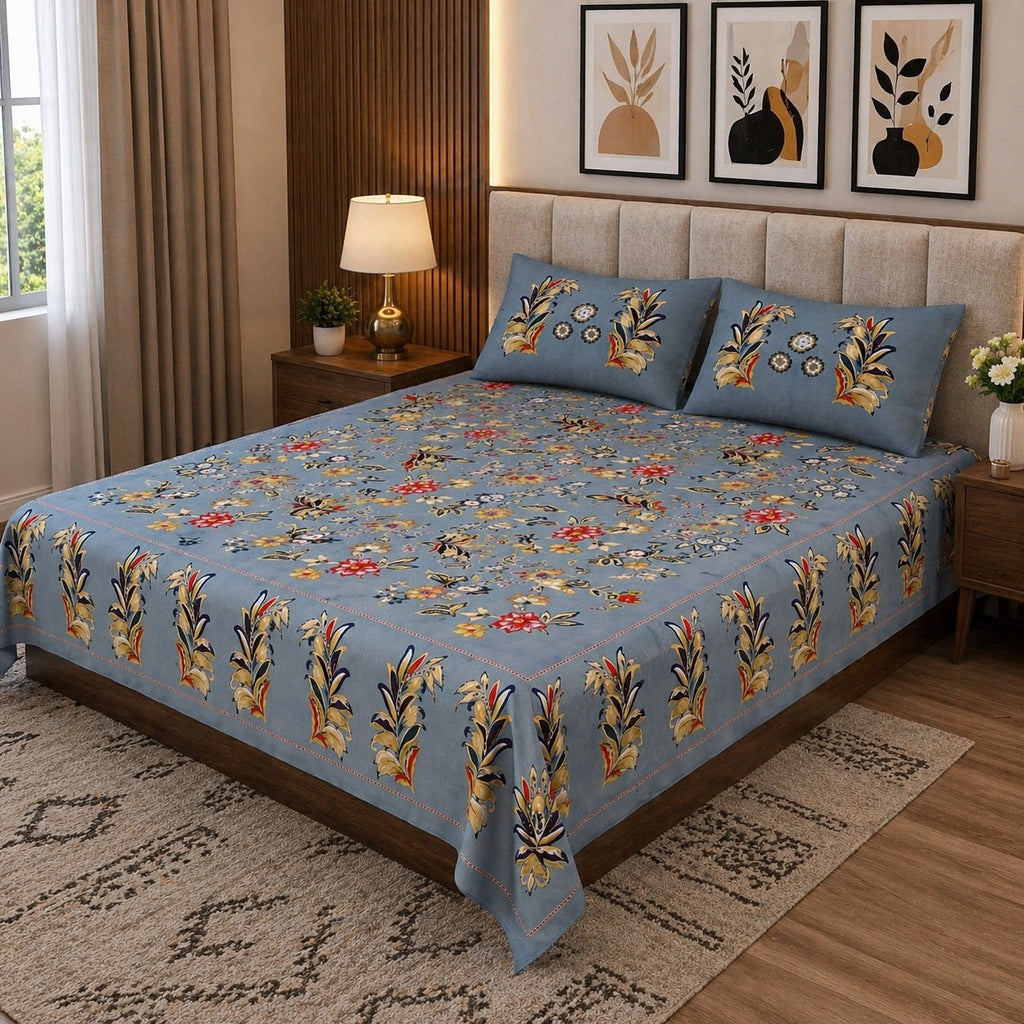 Steel Blue Majestic Fern Leaf Pure Cotton King Size Bedsheet with 2 Pillow Covers