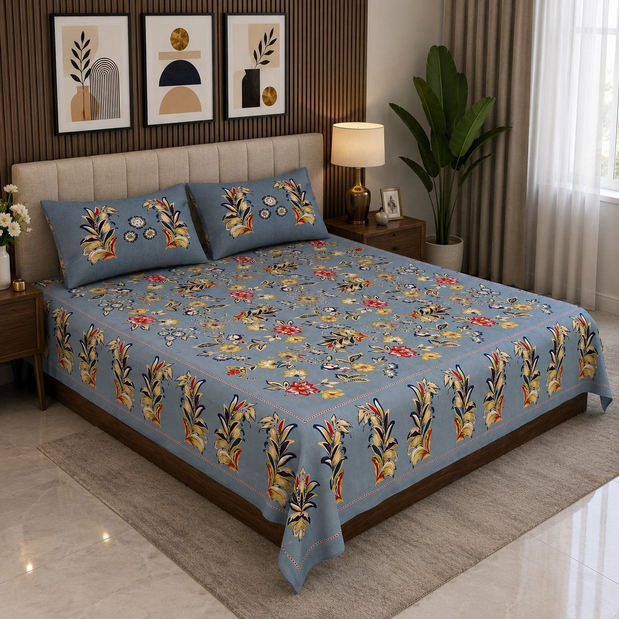 Steel Blue Majestic Fern Leaf Pure Cotton King Size Bedsheet with 2 Pillow Covers