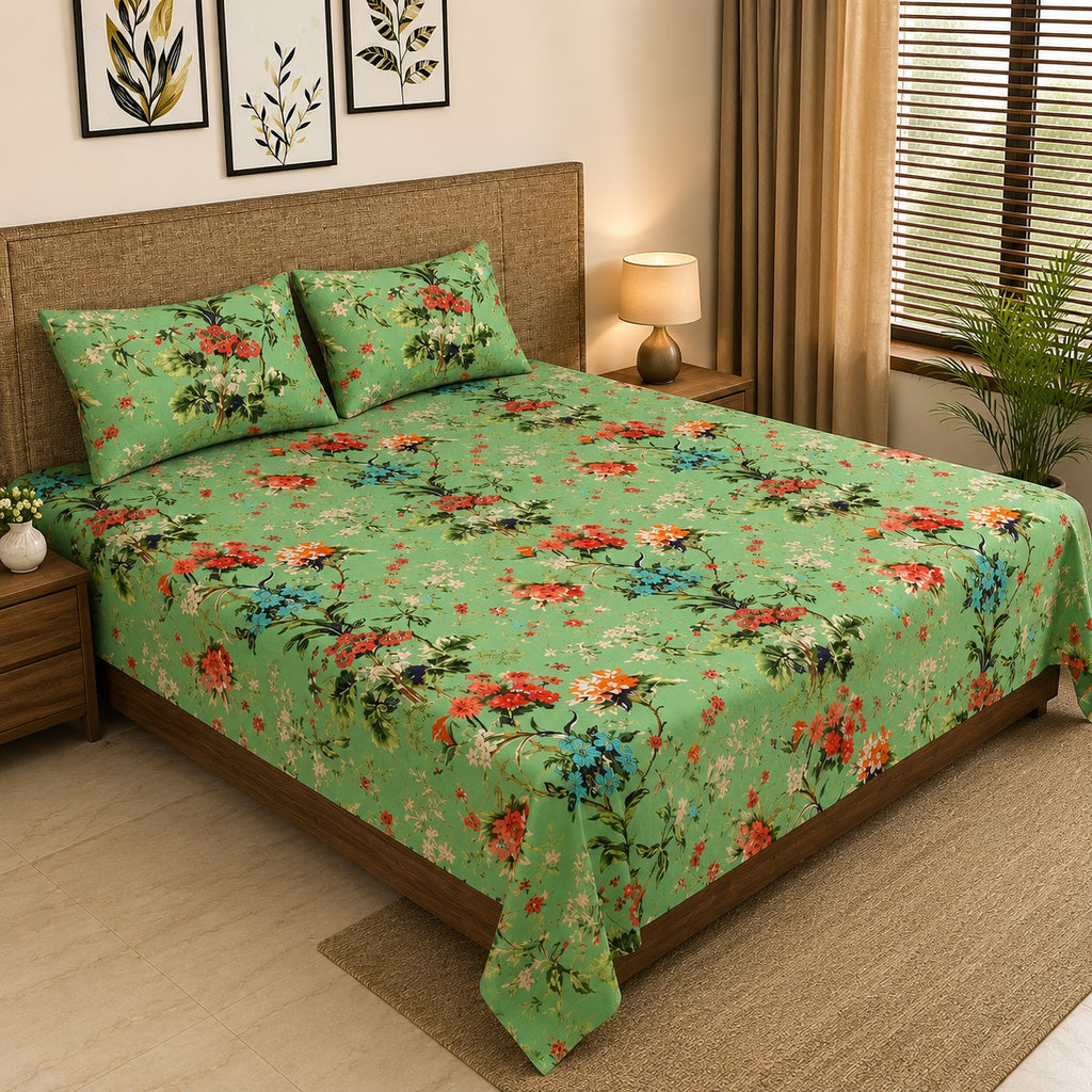 Pistachio Green Tropical Floral Bouquet Pure Cotton King Size Bedsheet
