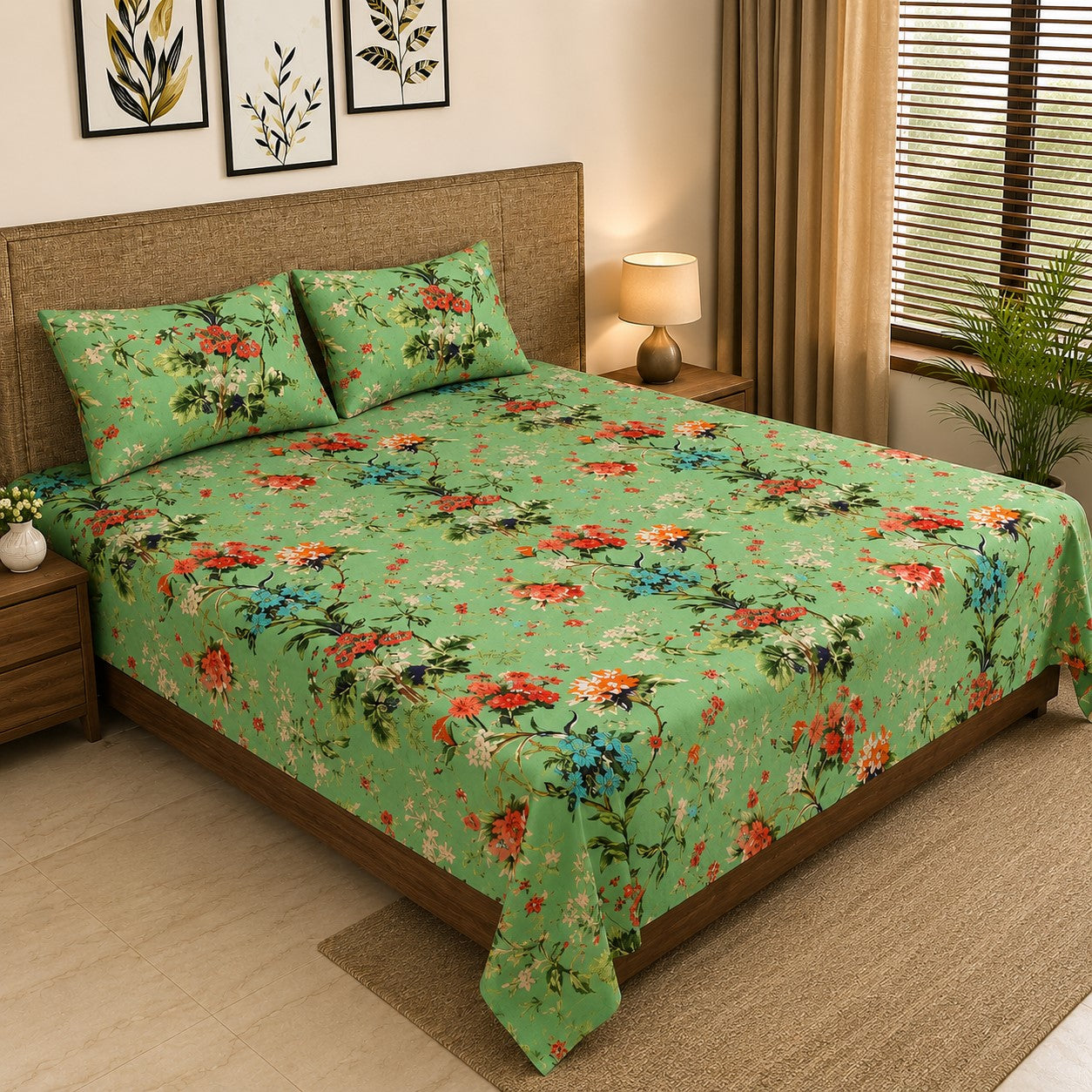 Pistachio Green Tropical Floral Bouquet Pure Cotton King Size Bedsheet