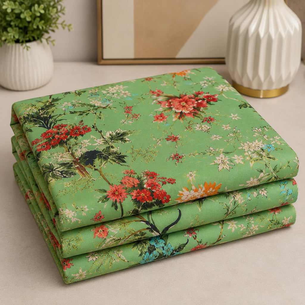 Pistachio Green Tropical Floral Bouquet Pure Cotton King Size Bedsheet