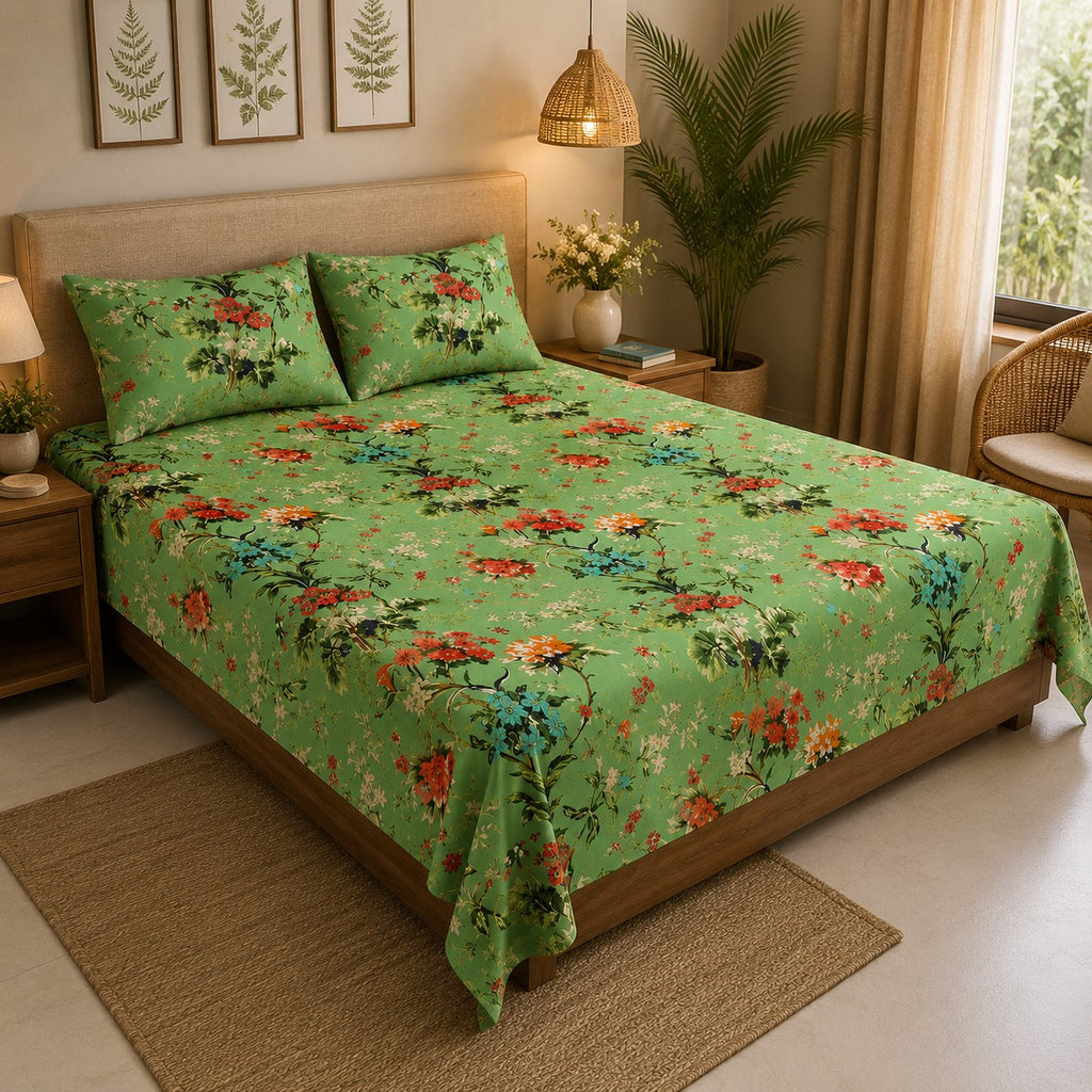 Pistachio Green Tropical Floral Bouquet Pure Cotton King Size Bedsheet