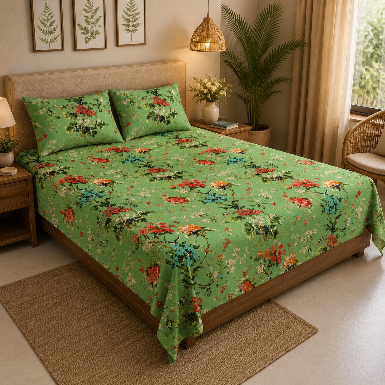 Pistachio Green Tropical Floral Bouquet Pure Cotton King Size Bedsheet