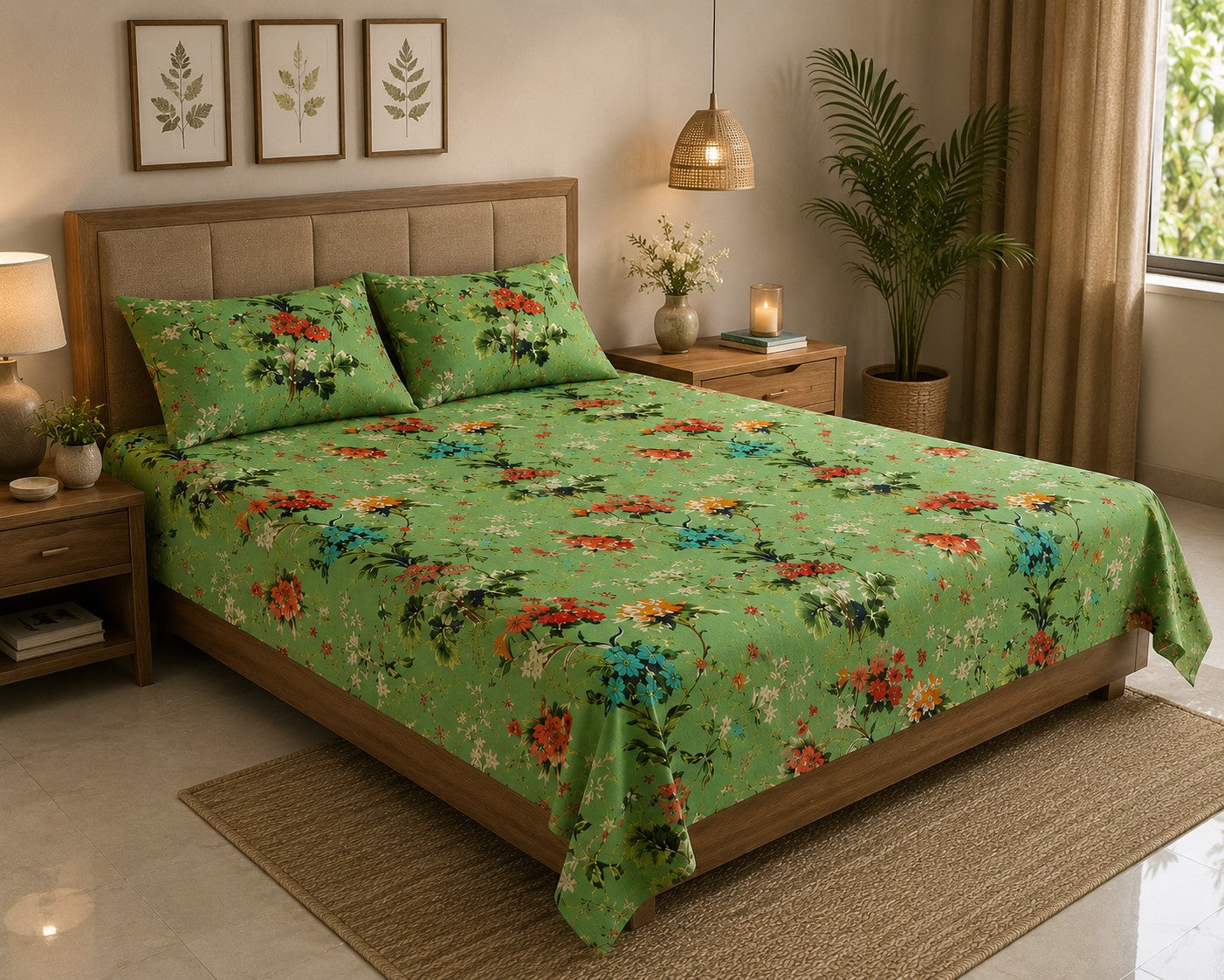 Pistachio Green Tropical Floral Bouquet Pure Cotton King Size Bedsheet