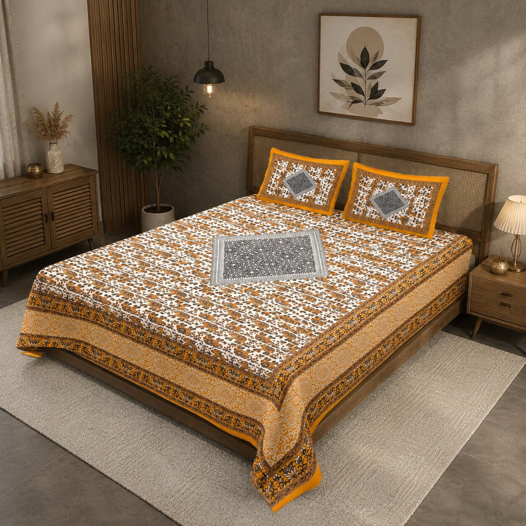 Royal Mustard Elephant Block Print Double Bedsheet | Mercerised Cotton | 3 Pc Set