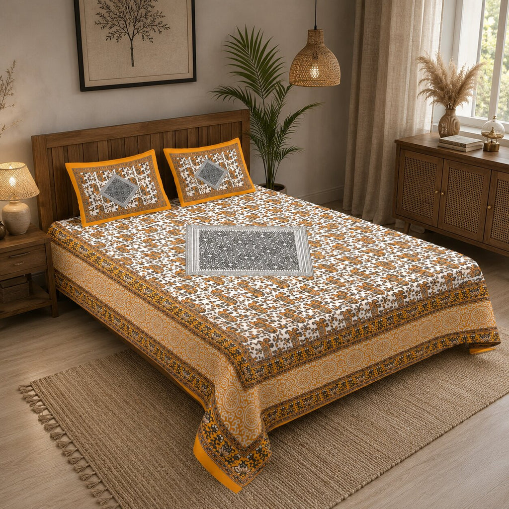 Royal Mustard Elephant Block Print Double Bedsheet | Mercerised Cotton | 3 Pc Set