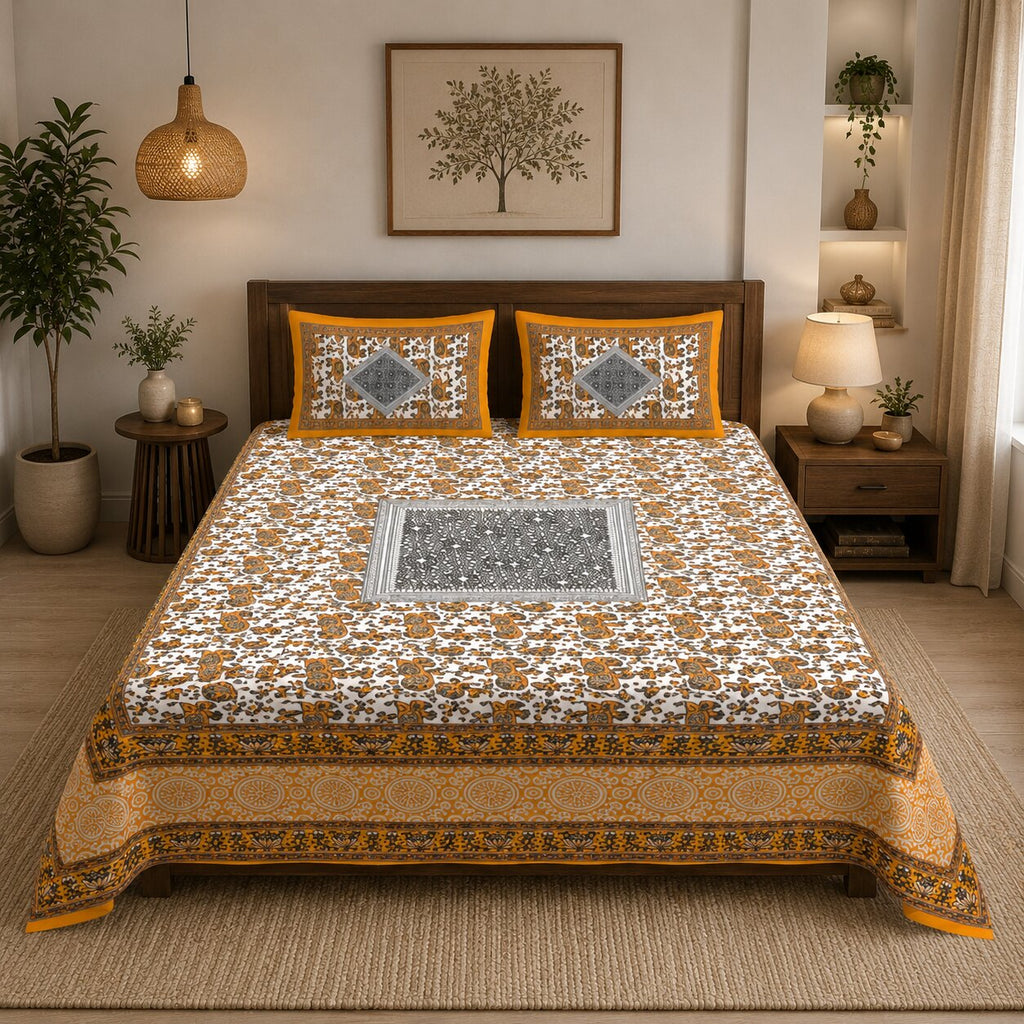 Royal Mustard Elephant Block Print Double Bedsheet | Mercerised Cotton | 3 Pc Set