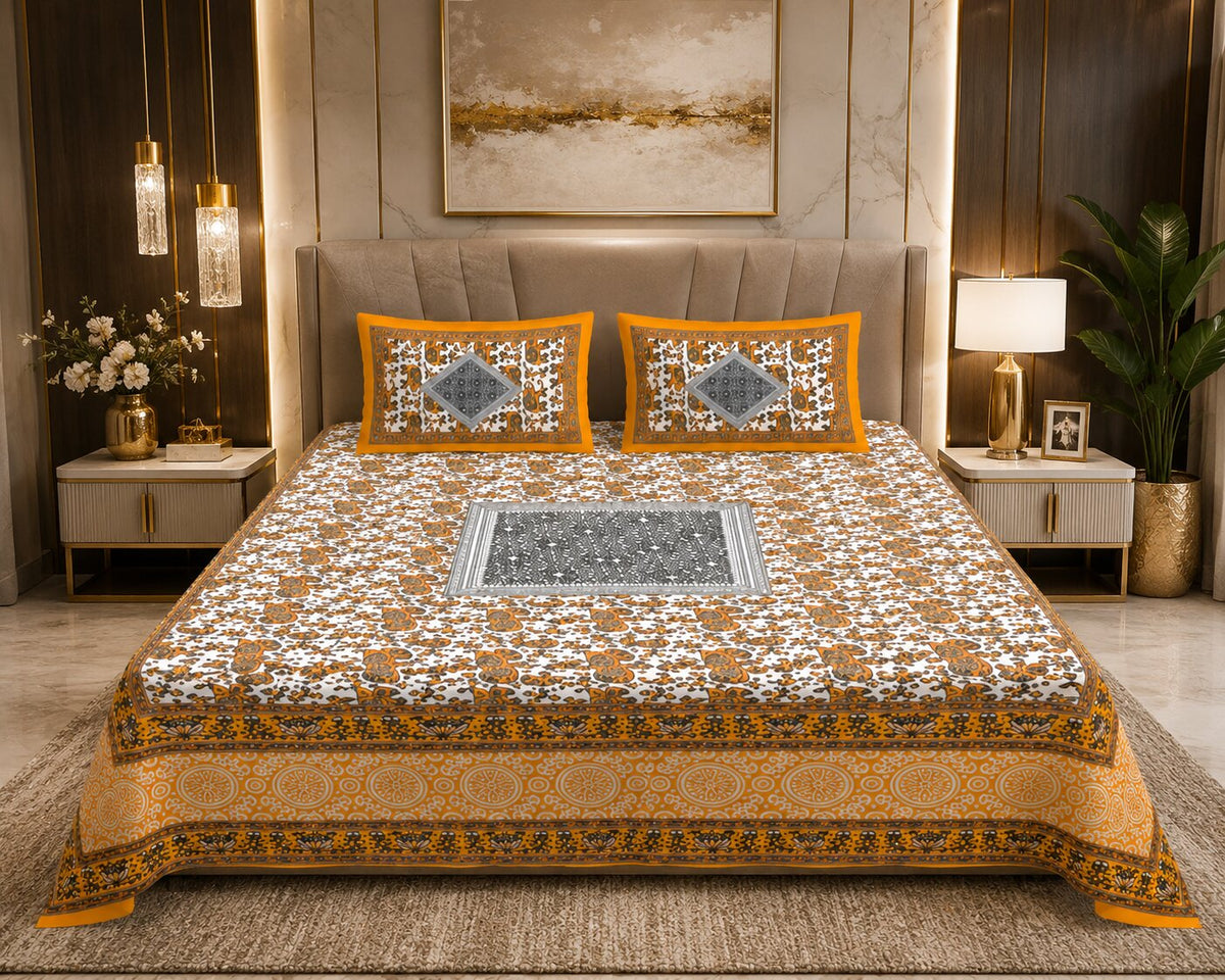 Royal Mustard Elephant Block Print Double Bedsheet | Mercerised Cotton | 3 Pc Set