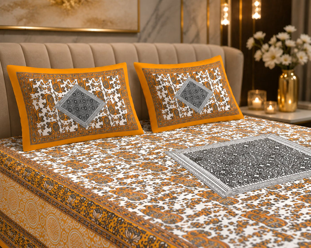Royal Mustard Elephant Block Print Double Bedsheet | Mercerised Cotton | 3 Pc Set