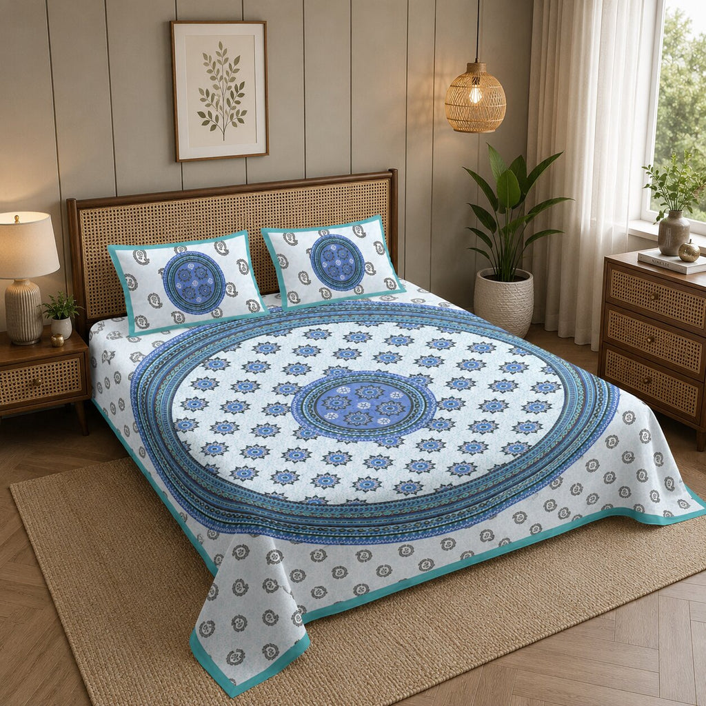 Pure Cotton Blue Mandala Circle Double Bedsheet 💙✨