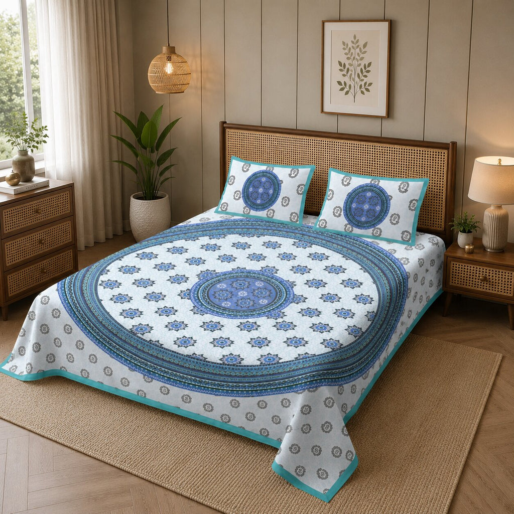 Pure Cotton Blue Mandala Circle Double Bedsheet 💙✨