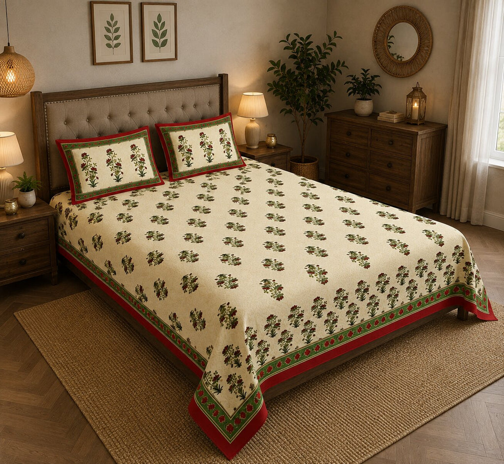 Red Border Vintage Floral Print Double Bedsheet | 100% Pure Cotton | 274x228 cm with 2 Pillow Covers
