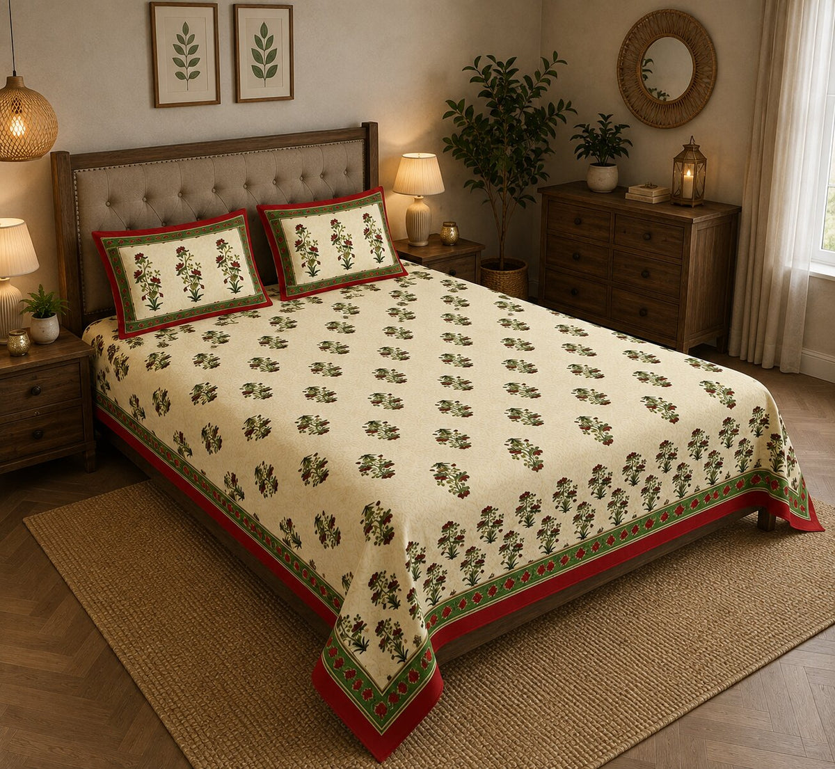 Red Border Vintage Floral Print Double Bedsheet | 100% Pure Cotton | 274x228 cm with 2 Pillow Covers