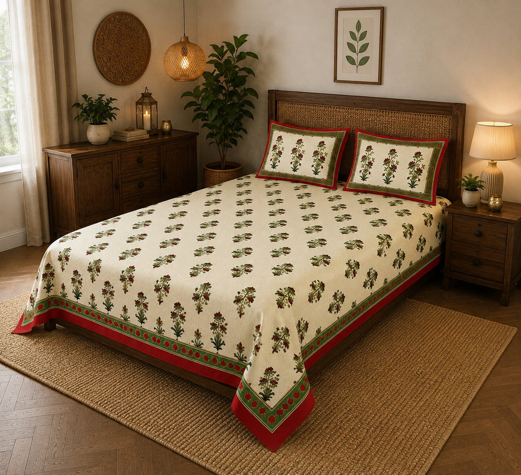 Red Border Vintage Floral Print Double Bedsheet | 100% Pure Cotton | 274x228 cm with 2 Pillow Covers