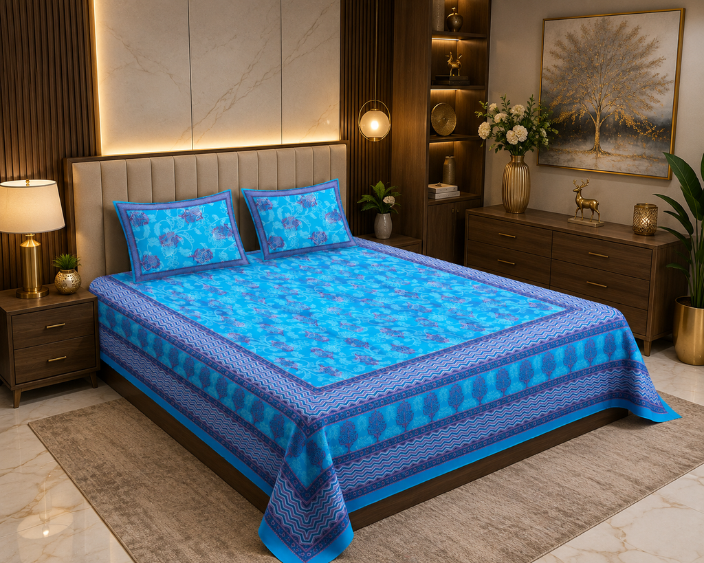 Vibrant Blue Floral Double Bedsheet - Lifestyle View 2