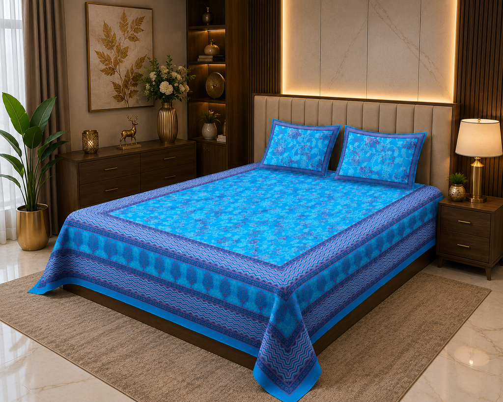 Vibrant Blue Floral Double Bedsheet - Lifestyle View 3