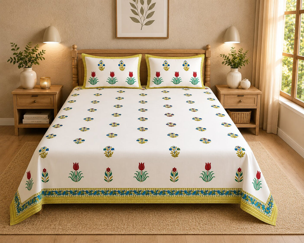Authentic Genuine Hand Block Print 400 TC Pure Cotton King Size Bedsheet - Floral Design